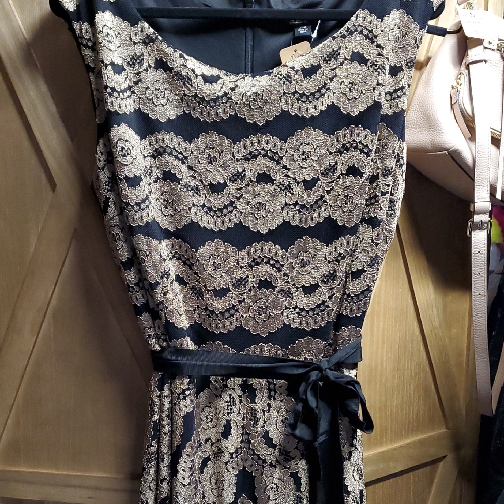 SLNY Black and Gold Lace Midi Dress Plus Size Retro Style